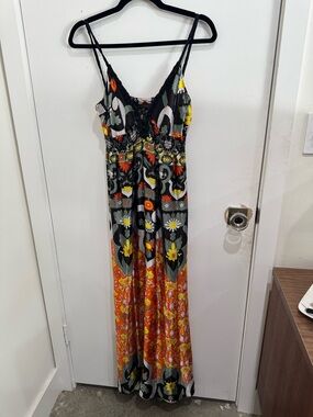 Single Dress Floral Print Maxi with Black, Green and Orange Accents